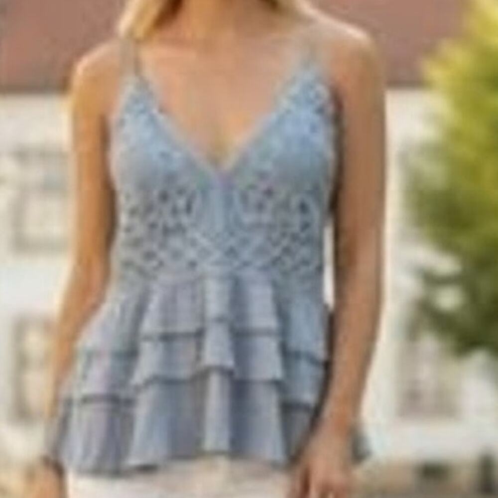 Chelsea & Violet Flowing Lace Peplum Tiered Ruffle Double Strap Tank Blouse